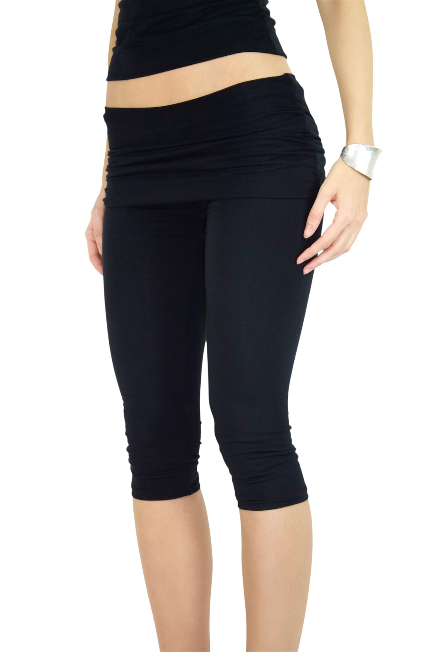 PARADOX Capri Leggings with Fold-Over Mini Skirt Waistband - BLACK image 5