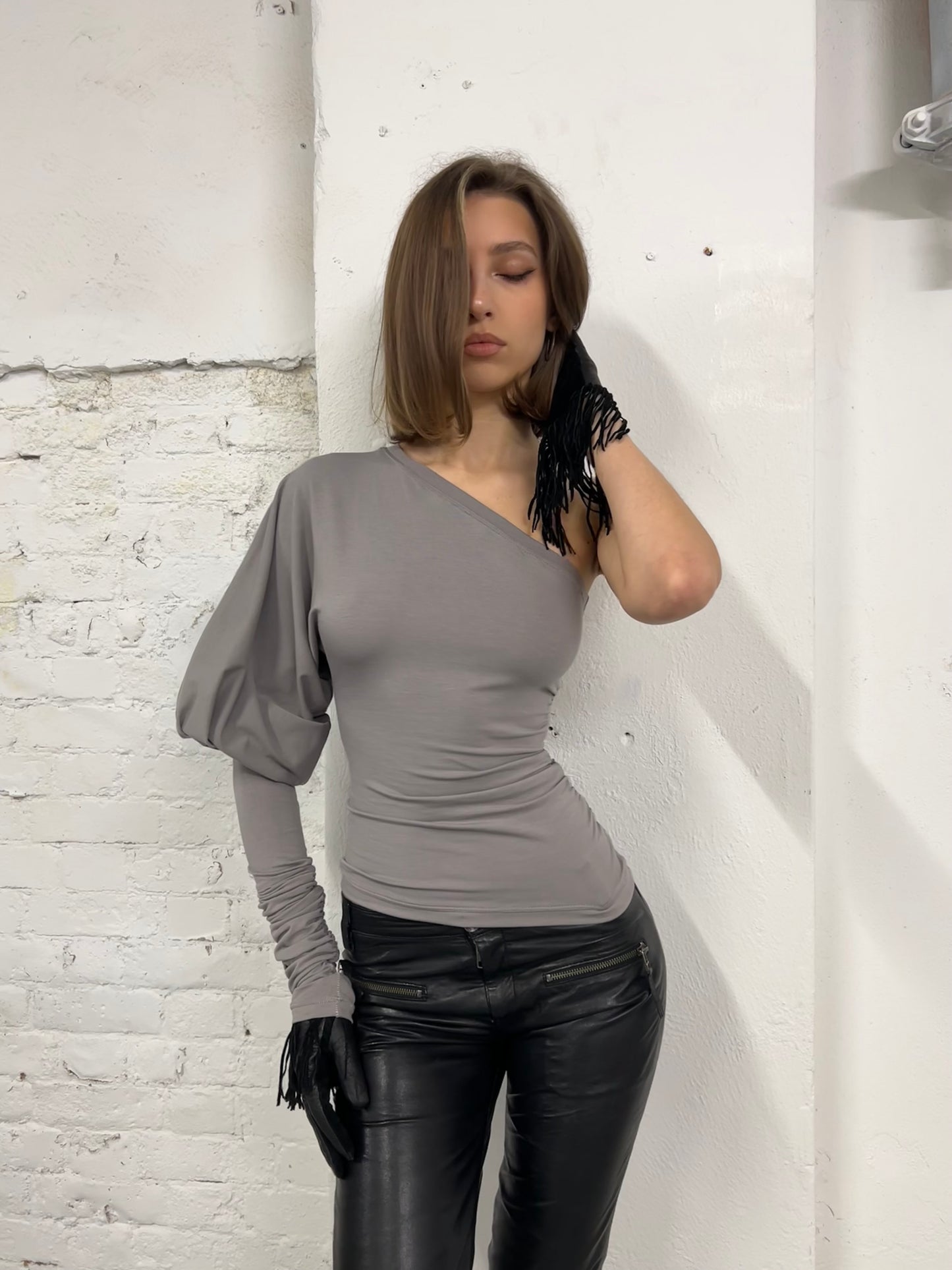 SHAPESHIFTER Asymmetrical Puff Sleeve Top - Grey Beige