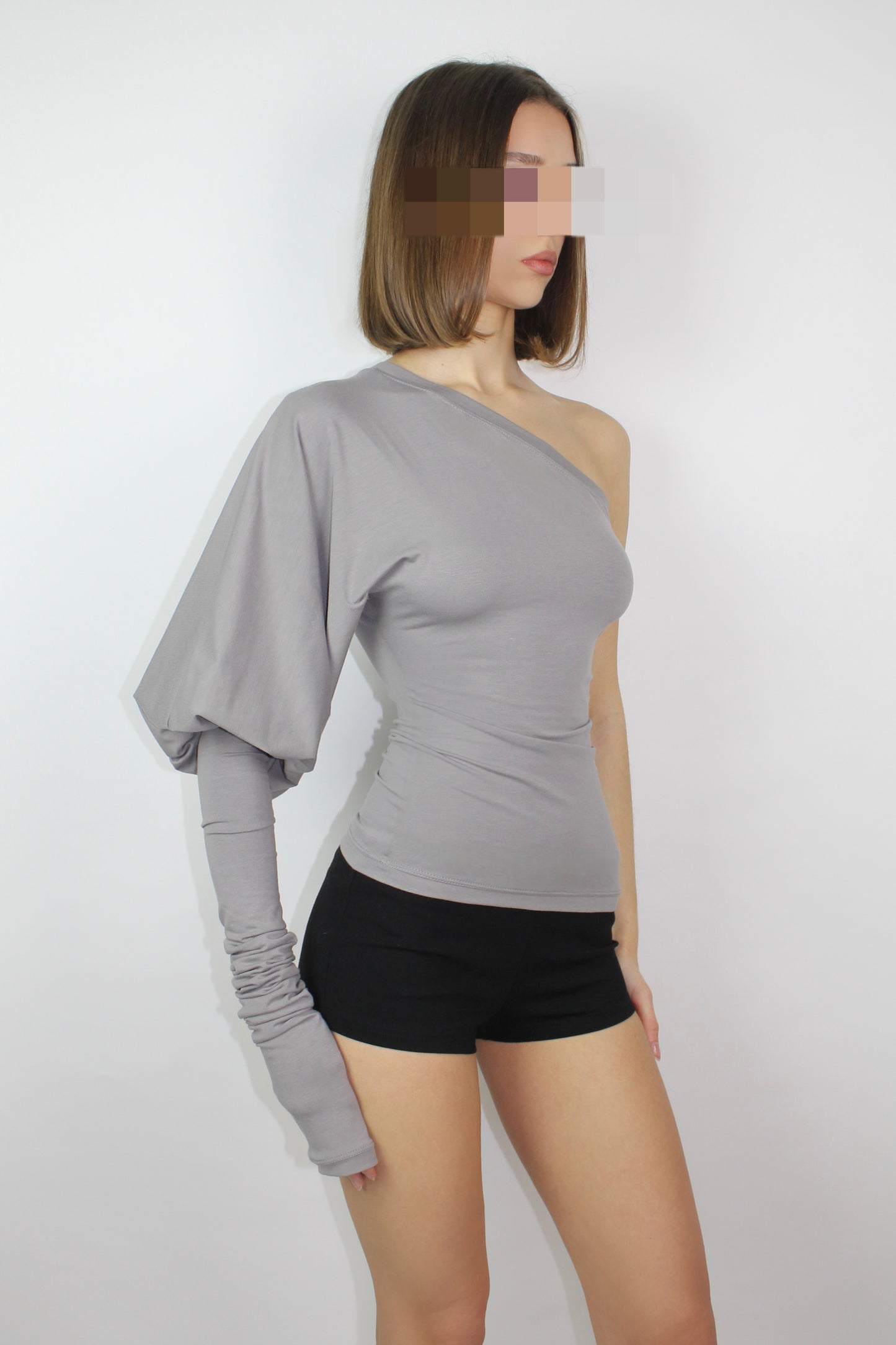 SHAPESHIFTER Asymmetrical Puff Sleeve Top - Grey Beige