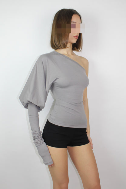 SHAPESHIFTER Asymmetrical Puff Sleeve Top - Grey Beige