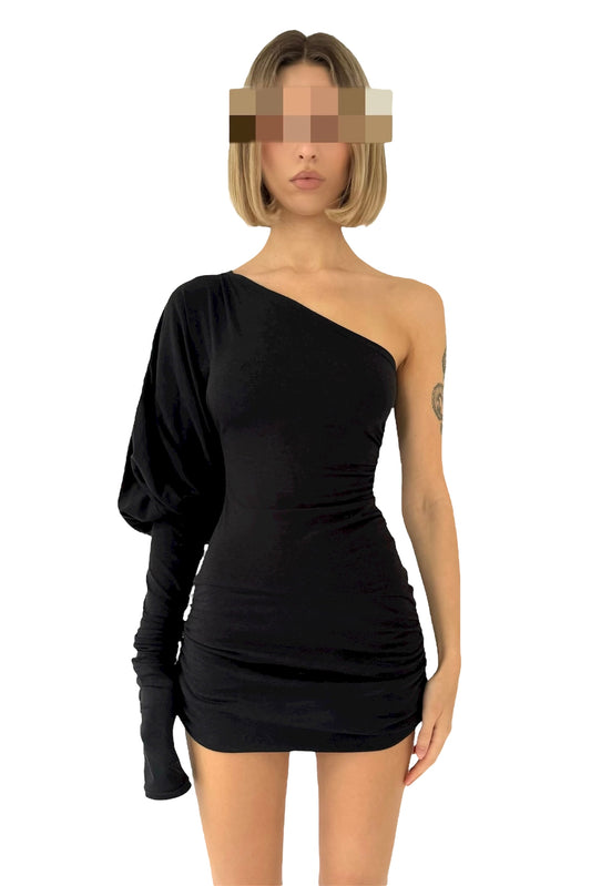 SHAPESHIFTER One Shoulder Puff Sleeve Mini Dress / Tunic - Black