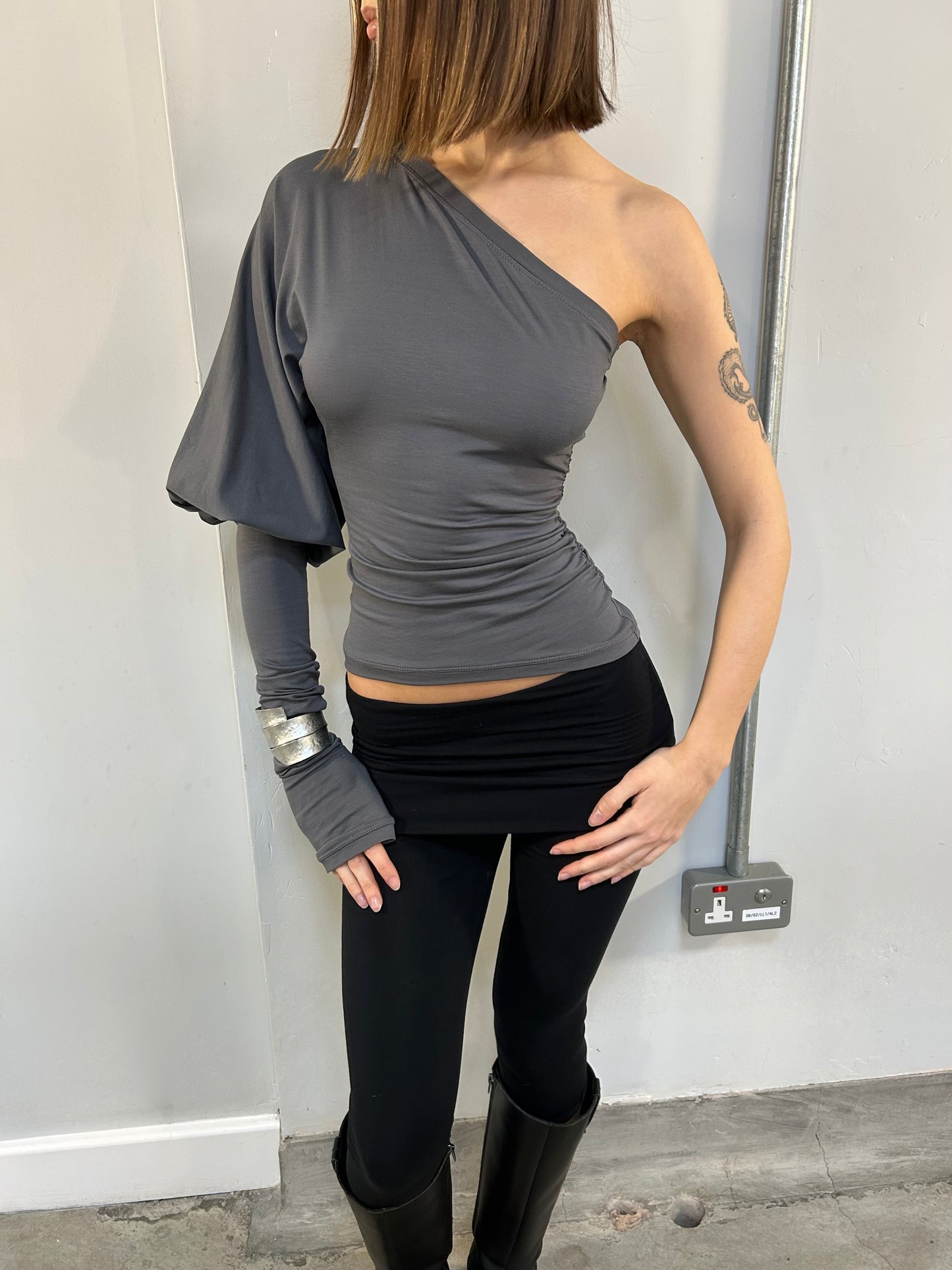 SHAPESHIFTER Asymmetrical Puff Sleeve Top - Dark Grey