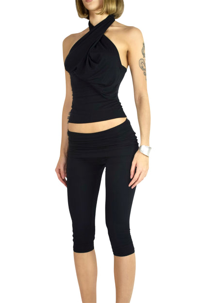 PARADOX Capri Leggings with Fold-Over Mini Skirt Waistband - BLACK image 3