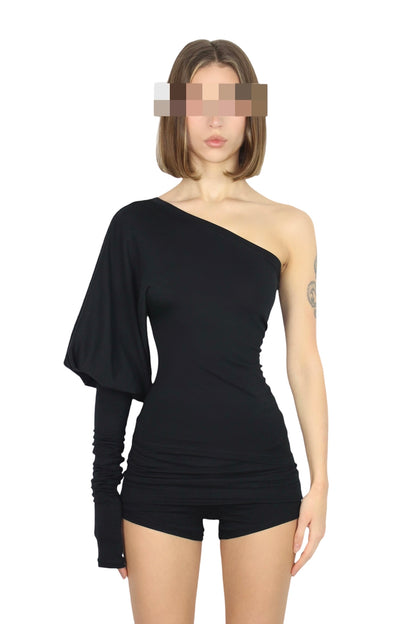 SHAPESHIFTER Asymmetrical Puff Sleeve Top - Black