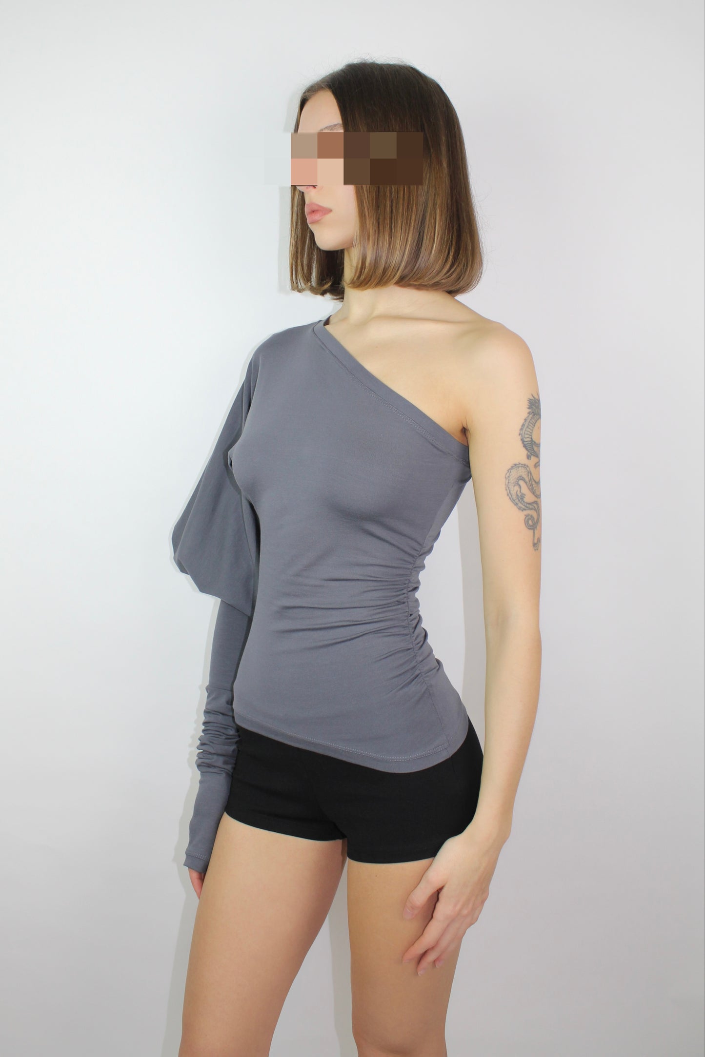 SHAPESHIFTER Asymmetrical Puff Sleeve Top - Dark Grey