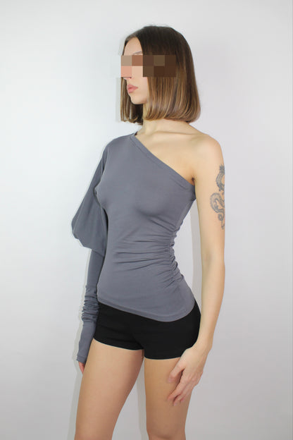 SHAPESHIFTER Asymmetrical Puff Sleeve Top - Dark Grey