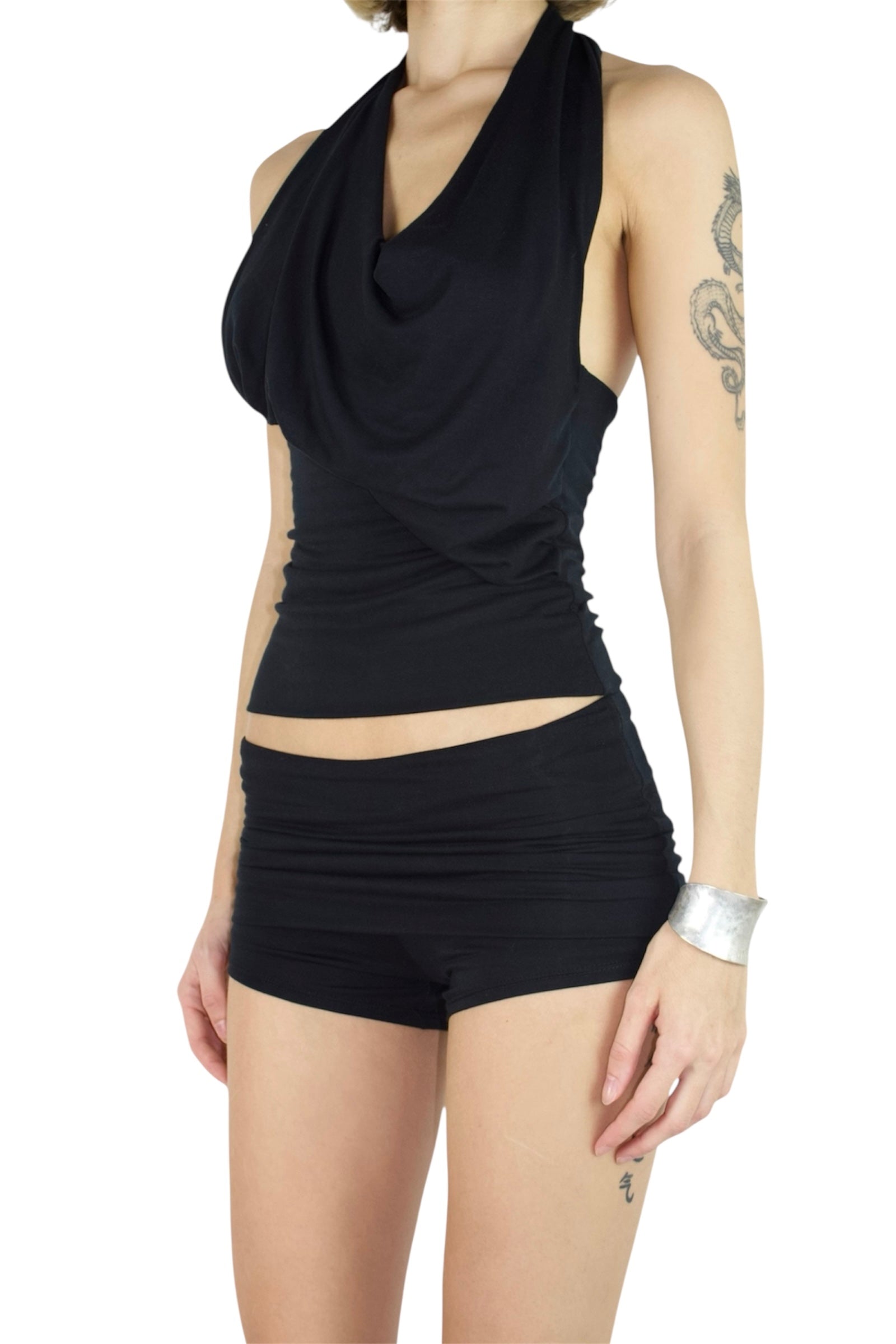 PARADOX Low Waisted Mini/Micro Shorts with Fold-Over Waistband - BLACK image 2