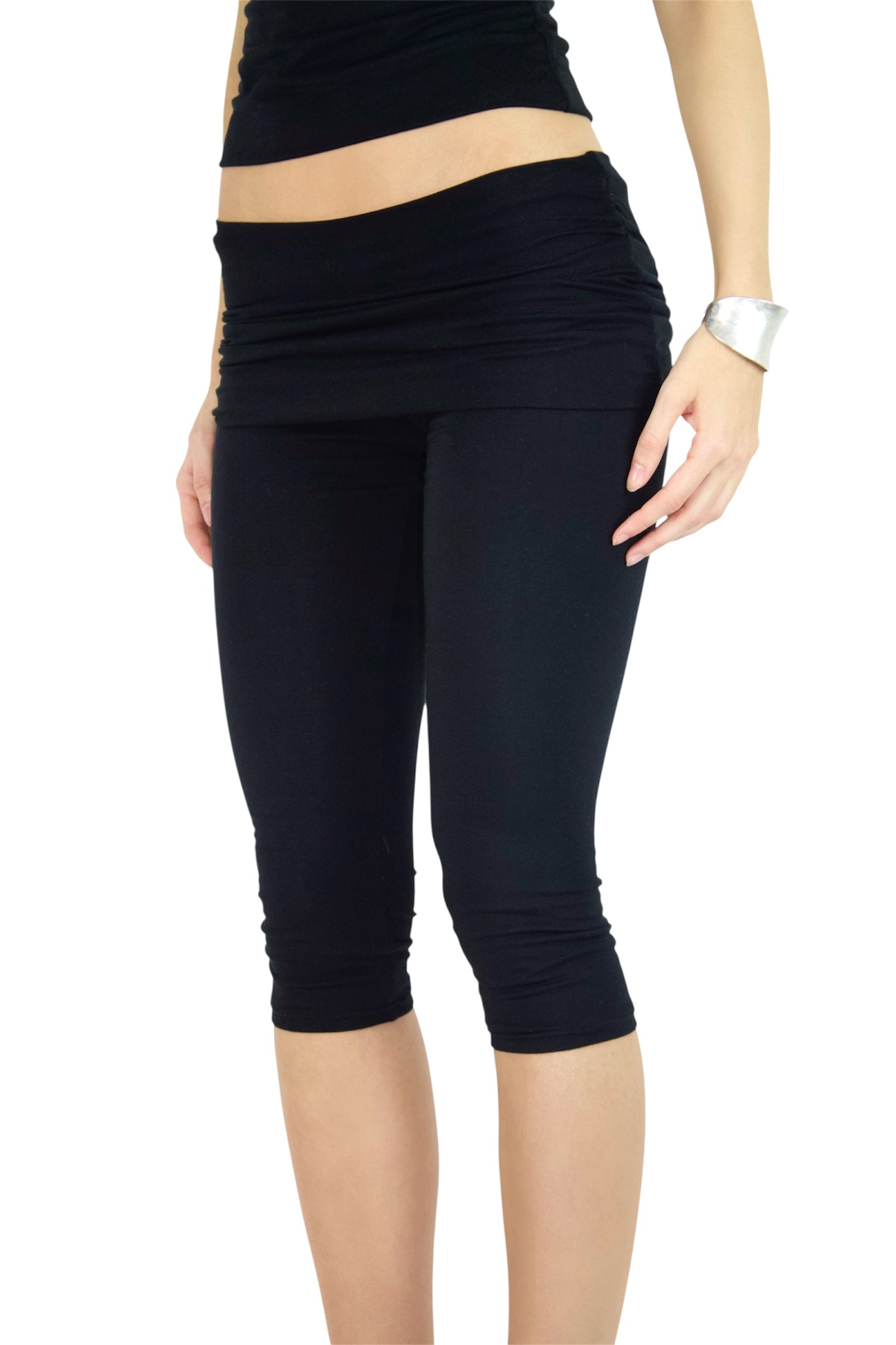 PARADOX Capri Leggings with Fold-Over Mini Skirt Waistband - BLACK image 5