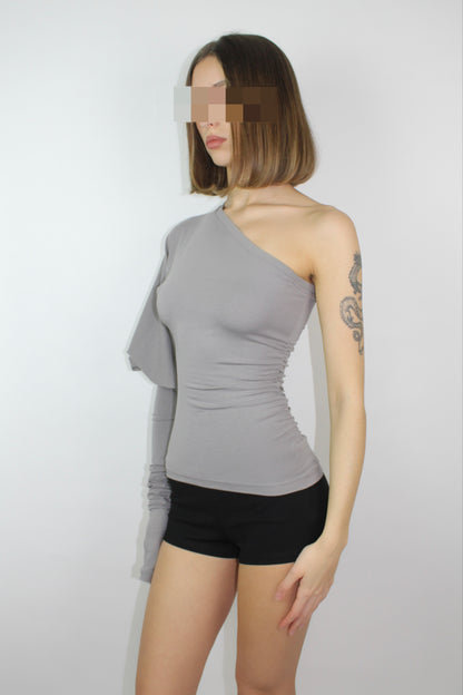SHAPESHIFTER Asymmetrical Puff Sleeve Top - Grey Beige