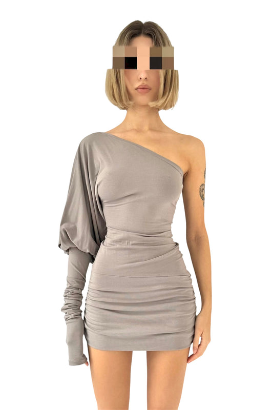 SHAPESHIFTER One Shoulder Puff Sleeve Mini Dress / Tunic - Grey Beige