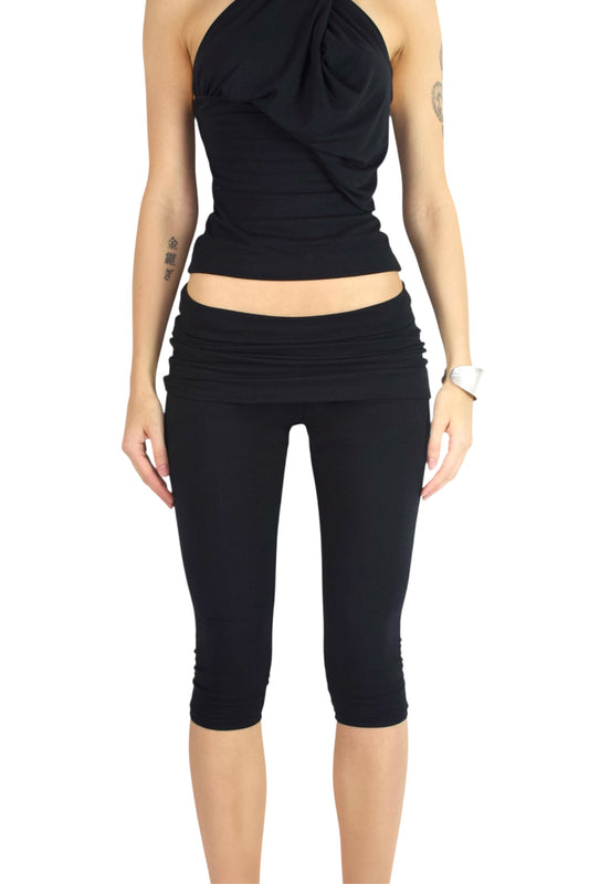 PARADOX Capri Leggings with Fold-Over Mini Skirt Waistband - BLACK image 1