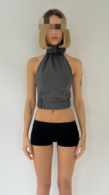 BLOSSOM Wool Turtleneck Halter Neck Open Back Top With Floral Detail image 0
