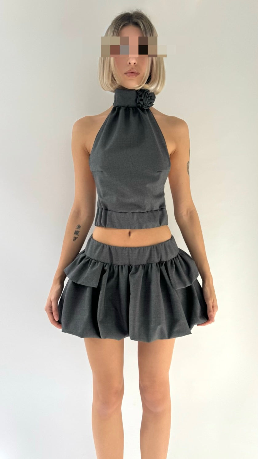BLOSSOM Wool Low Rise Bubble Mini Skirt with Ruffles image 0