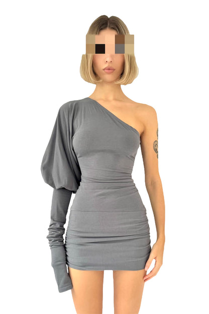SHAPESHIFTER One Shoulder Puff Sleeve Mini Dress / Tunic - Dark Grey