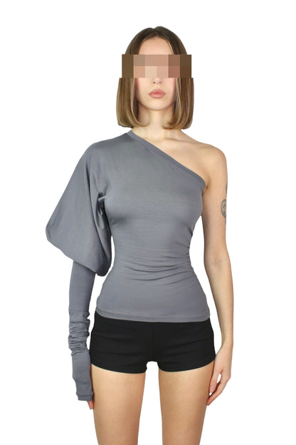 SHAPESHIFTER Asymmetrical Puff Sleeve Top - Dark Grey