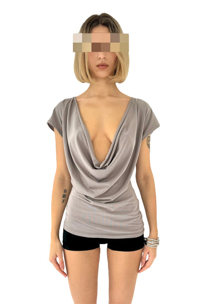 MOTION Cowl Neck & Cowl Back Reversible Top - Grey Beige