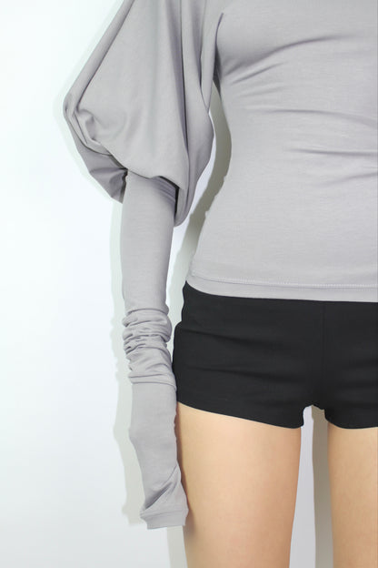 SHAPESHIFTER Asymmetrical Puff Sleeve Top - Grey Beige