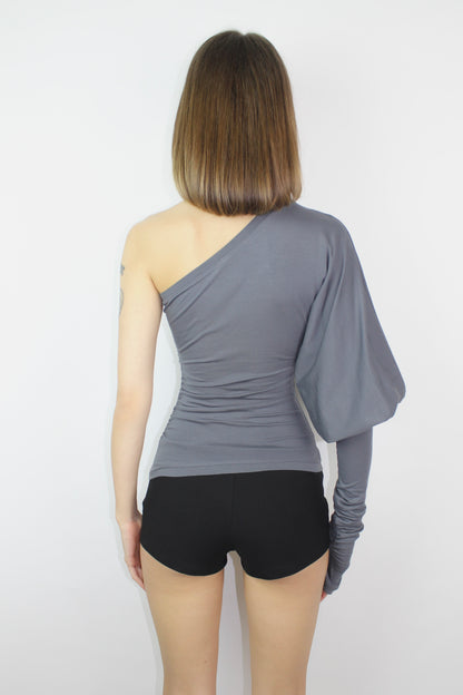 SHAPESHIFTER Asymmetrical Puff Sleeve Top - Dark Grey