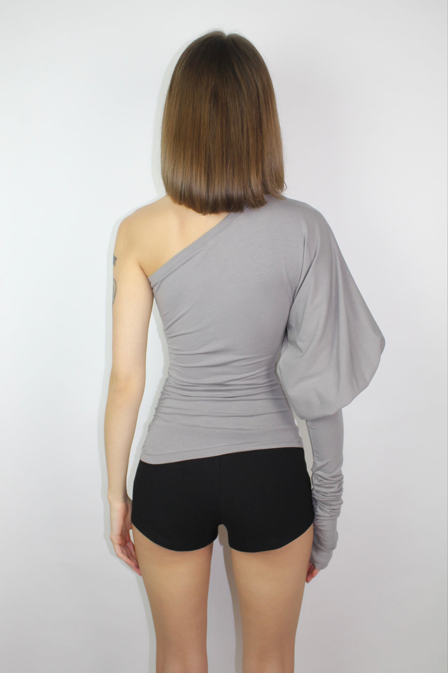 SHAPESHIFTER Asymmetrical Puff Sleeve Top - Grey Beige