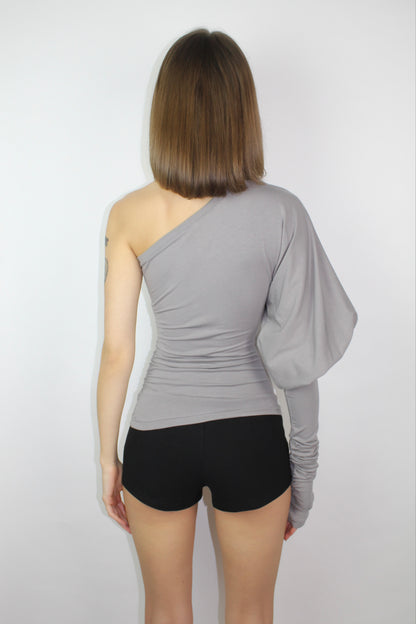 SHAPESHIFTER Asymmetrical Puff Sleeve Top - Grey Beige
