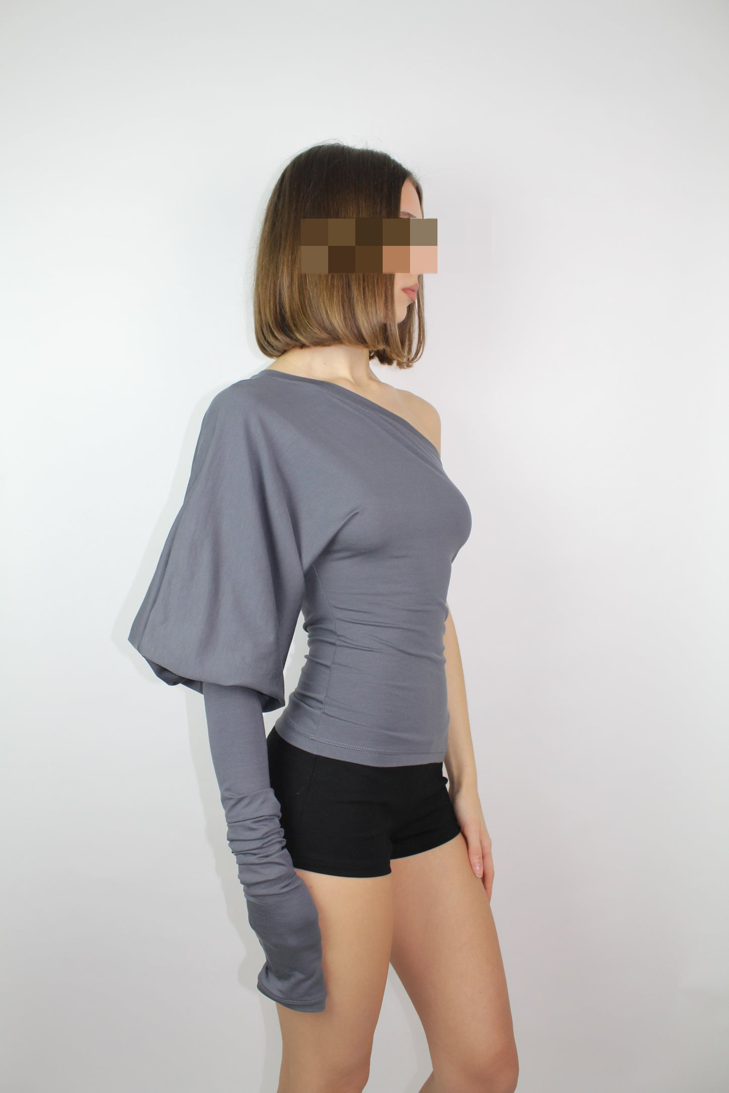 SHAPESHIFTER Asymmetrical Puff Sleeve Top - Dark Grey