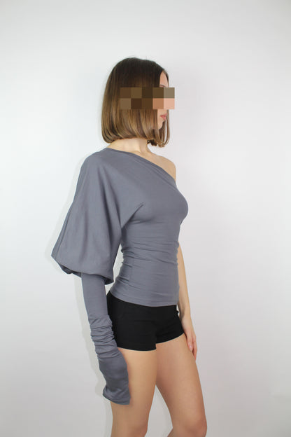 SHAPESHIFTER Asymmetrical Puff Sleeve Top - Dark Grey