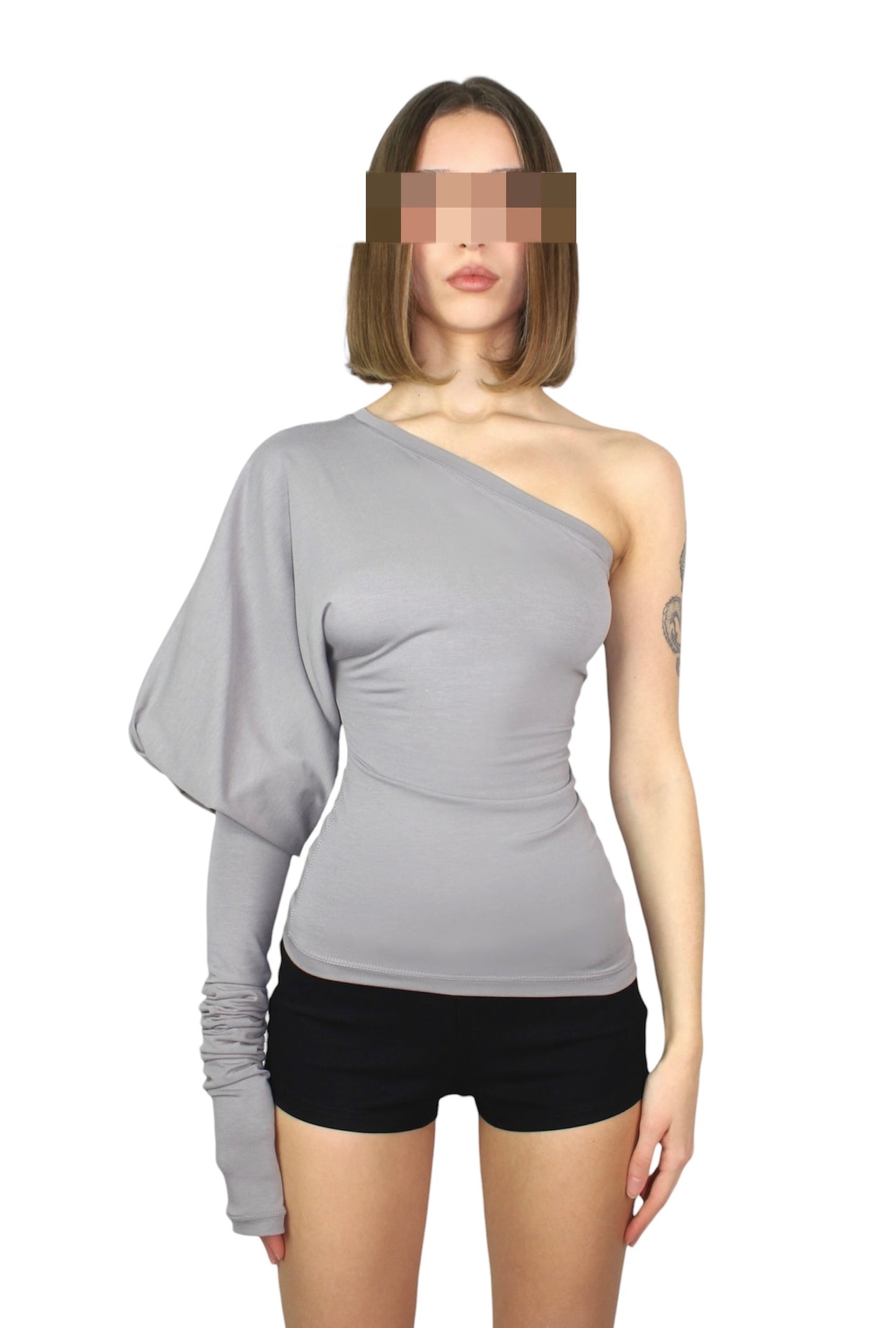 SHAPESHIFTER Asymmetrical Puff Sleeve Top - Grey Beige