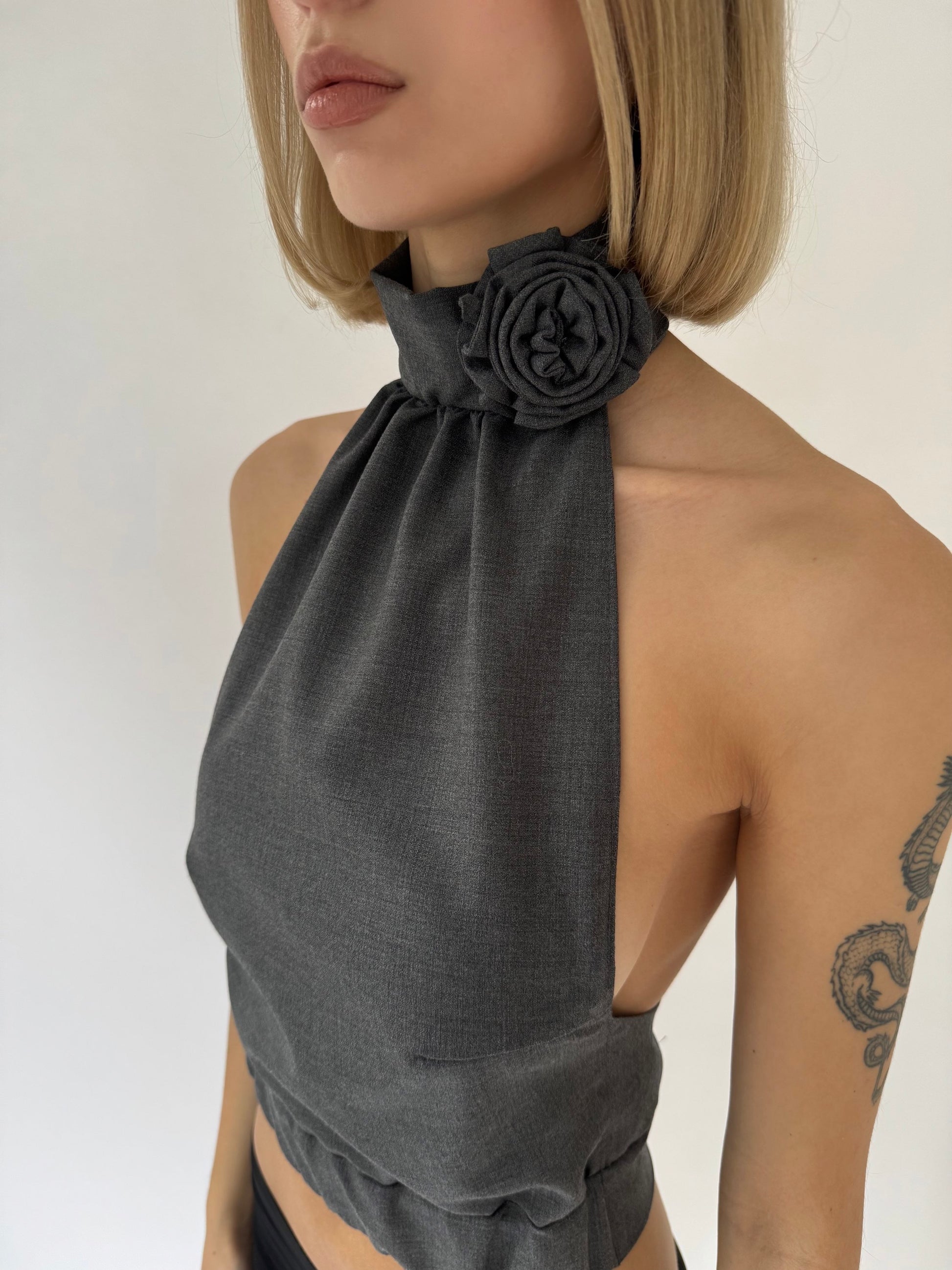 BLOSSOM Wool Turtleneck Halter Neck Open Back Top With Floral Detail image 2