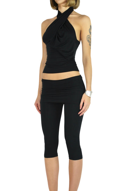 PARADOX Capri Leggings with Fold-Over Mini Skirt Waistband - BLACK image 4
